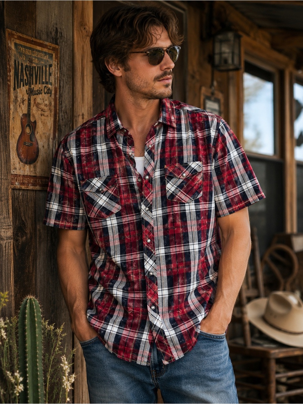 Age of Wisdom Men’s L Red Plaid Snap Front Shirt